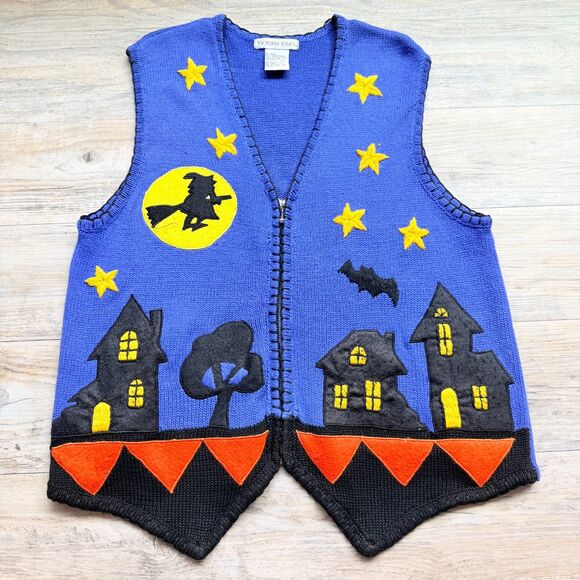 Victoria Jones Woman Sweaters - Vintage Victoria Jones Halloween Sweater Vest Large Witch Haunted House Bat 90s